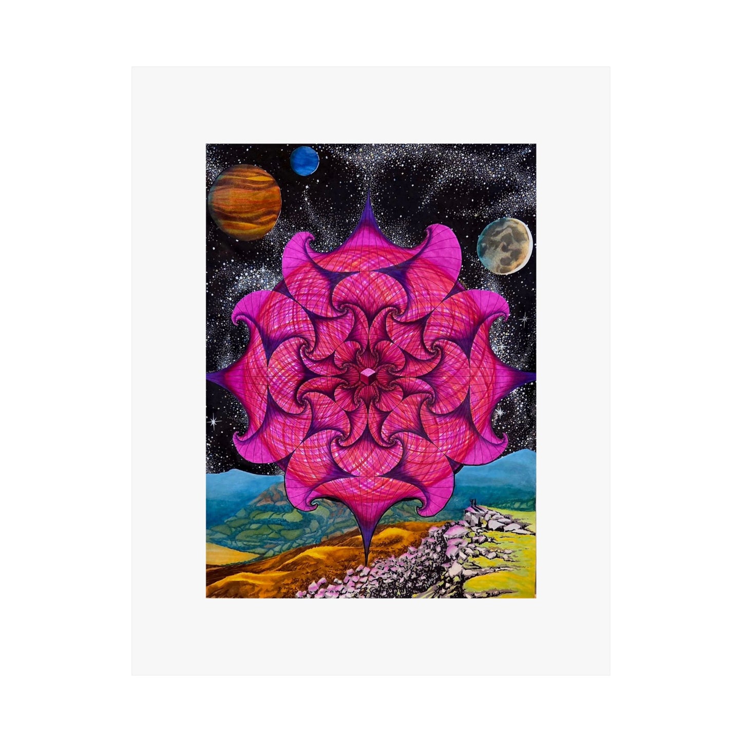 "Yes, I See It...What The Hell Is That...". artwork hand illustrated by Frank Noto.  Psychedelic Mandala Poster — Pink Cosmic Floral Matte Vertical Art Print