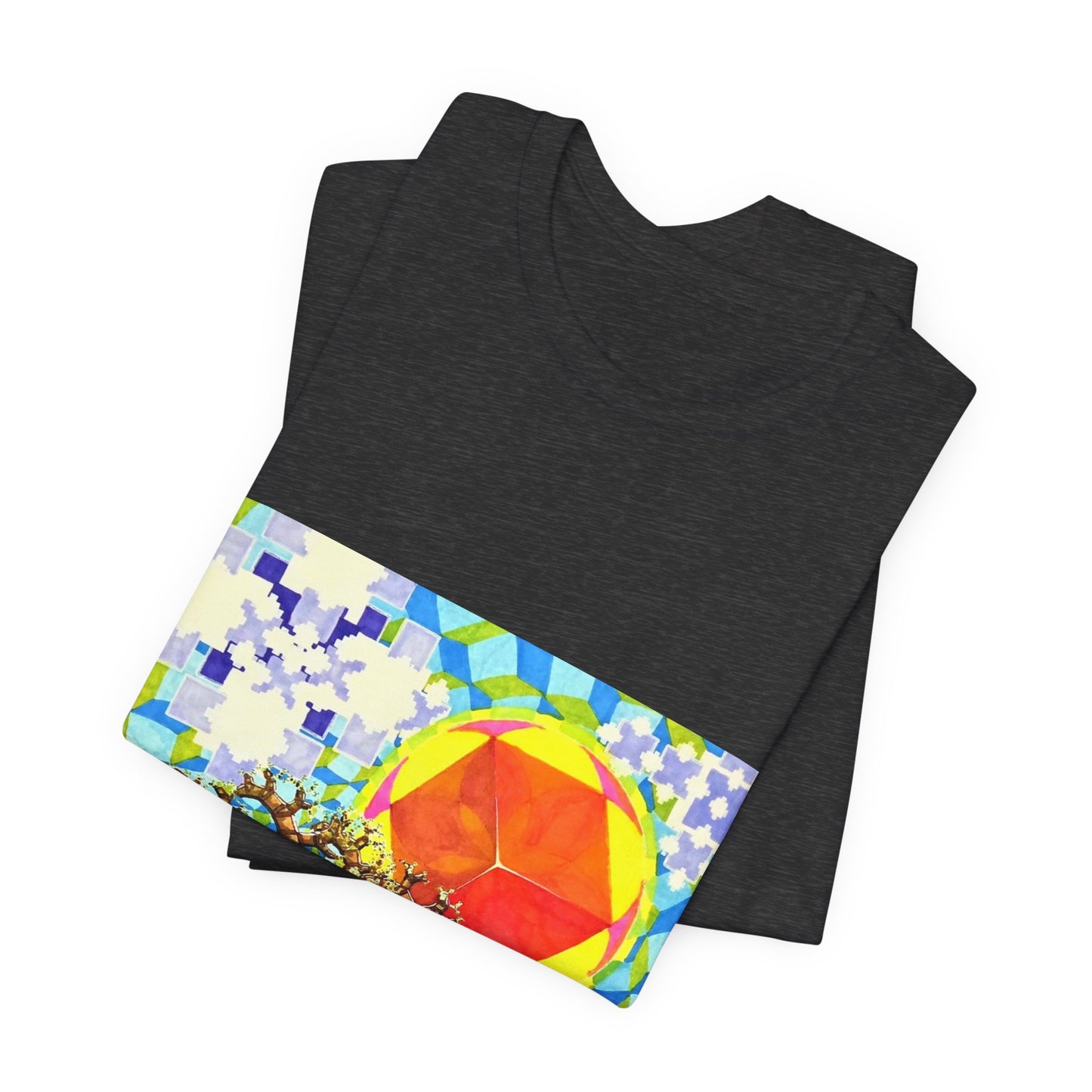 "Spring in the Valley of Sacred Geometry" Tshirt with artwork by Noto the Artist. Geometric Sun & Tree T-Shirt — Colorful Abstract Nature Tee