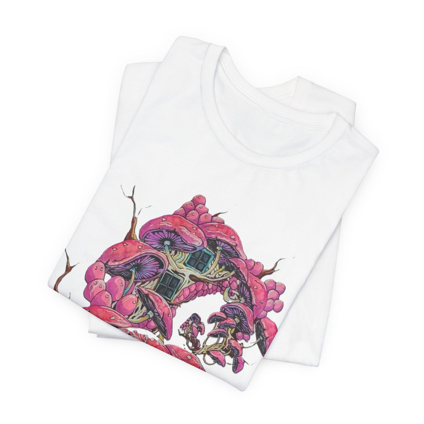 "Pink Mushroom House" Psychedelic Pink Mushroom Forest T-Shirt — Surreal Fungi Graphic Tee