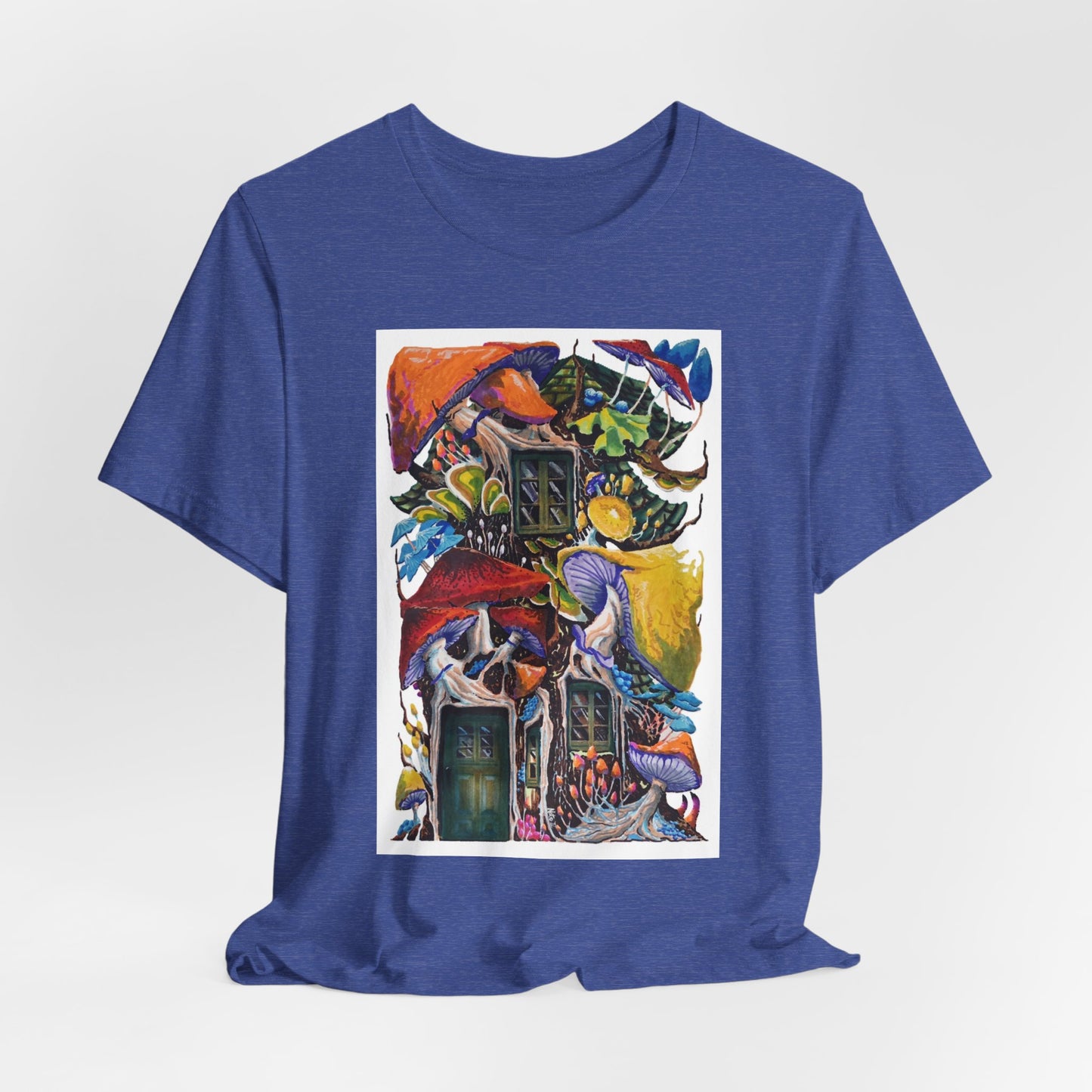 "Mushroom House with the Blue Green Door" tshirt by Noto the Artist. Surreal Cottage Collage T‑Shirt