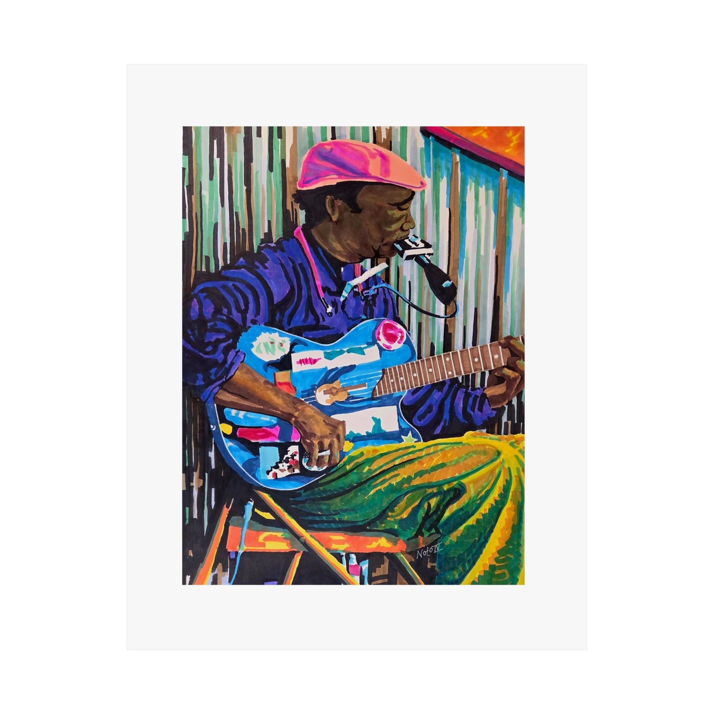 "Terry Harmonica Bean" print by Frank Noto. Blues Guitarist Matte Poster — Colorful Musician Wall Art