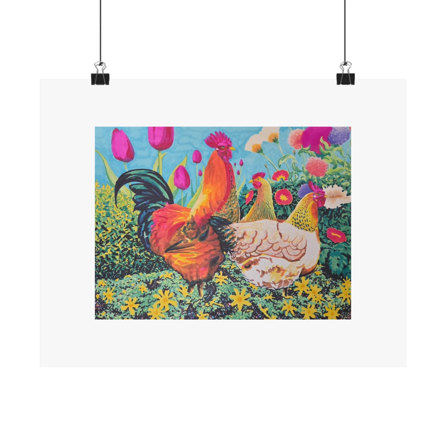 "Chicks love Flowers" illustrated by Frank Noto. Colorful Rooster & Hens Matte Poster — Farmhouse Floral Animal Wall Art