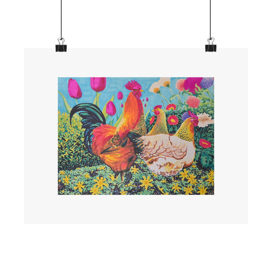 "Chicks love Flowers" illustrated by Frank Noto. Colorful Rooster & Hens Matte Poster — Farmhouse Floral Animal Wall Art