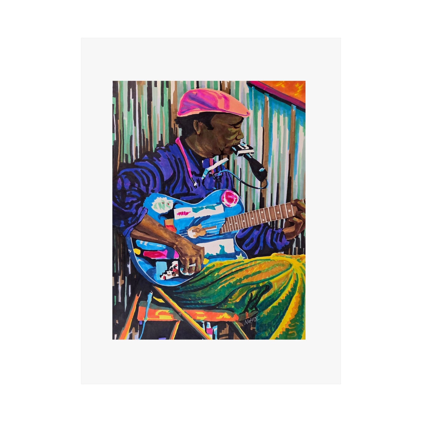 "Terry Harmonica Bean" print by Frank Noto. Blues Guitarist Matte Poster — Colorful Musician Wall Art
