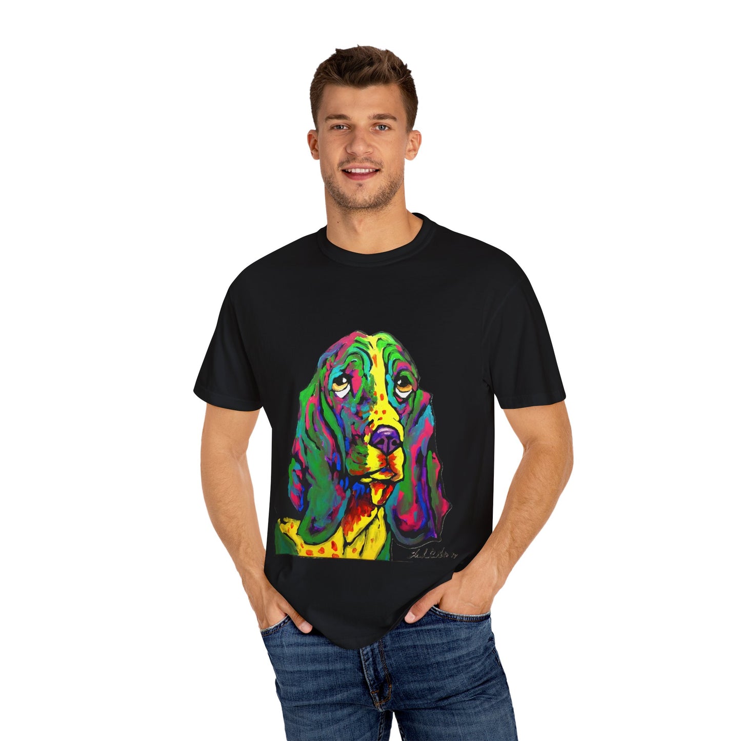 Colorful Dog Art T-Shirt, Unisex Garment-Dyed Tee, Pet Lover Gift, Fun Graphic Shirt, Artistic Apparel, Animal Art Apparel featuring "rainbow basset" painting by noto the artist