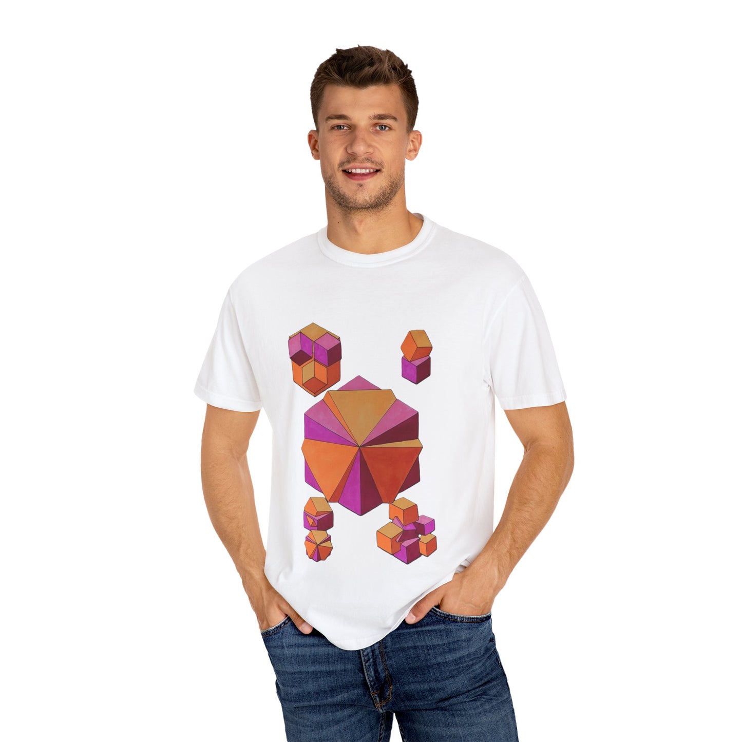 "Merging Cubes" tshirt.  Artwork by Noto the Artist. Colorful Geometric T-Shirt, Unisex Casual Wear, Graphic Tee, Fashion for Art Lovers, Unique Gift for Designers