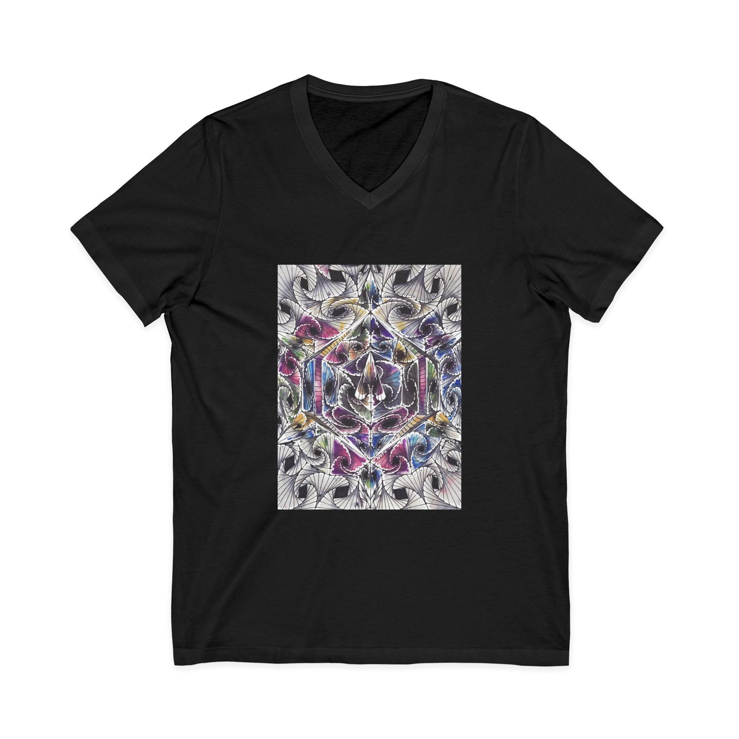 "Waves of Reality" tshirt with artwork by Noto the Artist. Vibrant Mandala V-Neck Tee - Unisex Graphic Shirt for Yoga, Meditation, Gift, Spiritual Awakening, Casual Wear