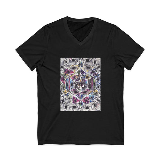 "Waves of Reality" tshirt with artwork by Noto the Artist. Vibrant Mandala V-Neck Tee - Unisex Graphic Shirt for Yoga, Meditation, Gift, Spiritual Awakening, Casual Wear