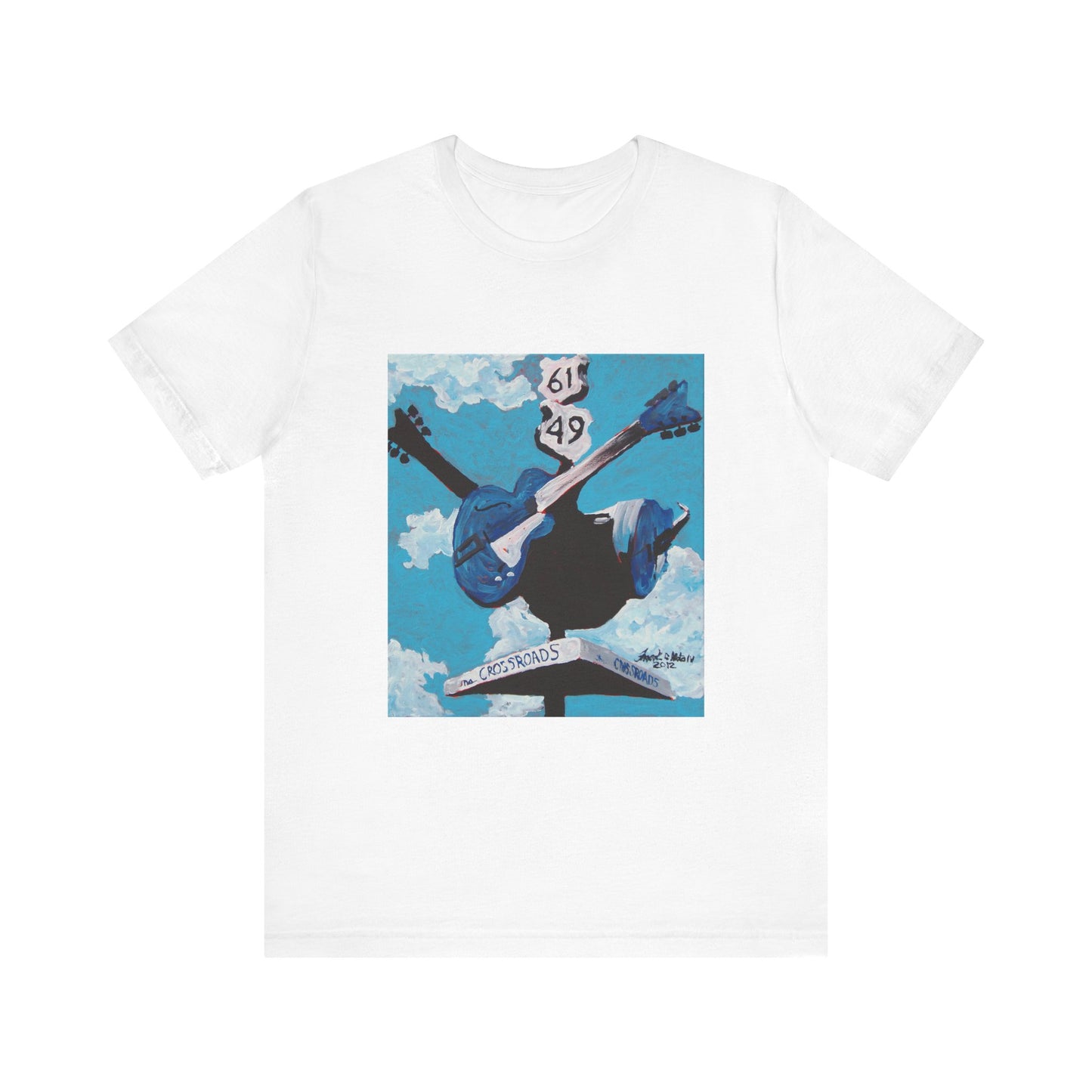 "Crossroads" tshirt featuring a painting by Noto the Artist. Sky Blue Guitar Graphic Tee, Music Lover Gift, Artsy Casual Wear, Concert T-shirt, Festival Outfit