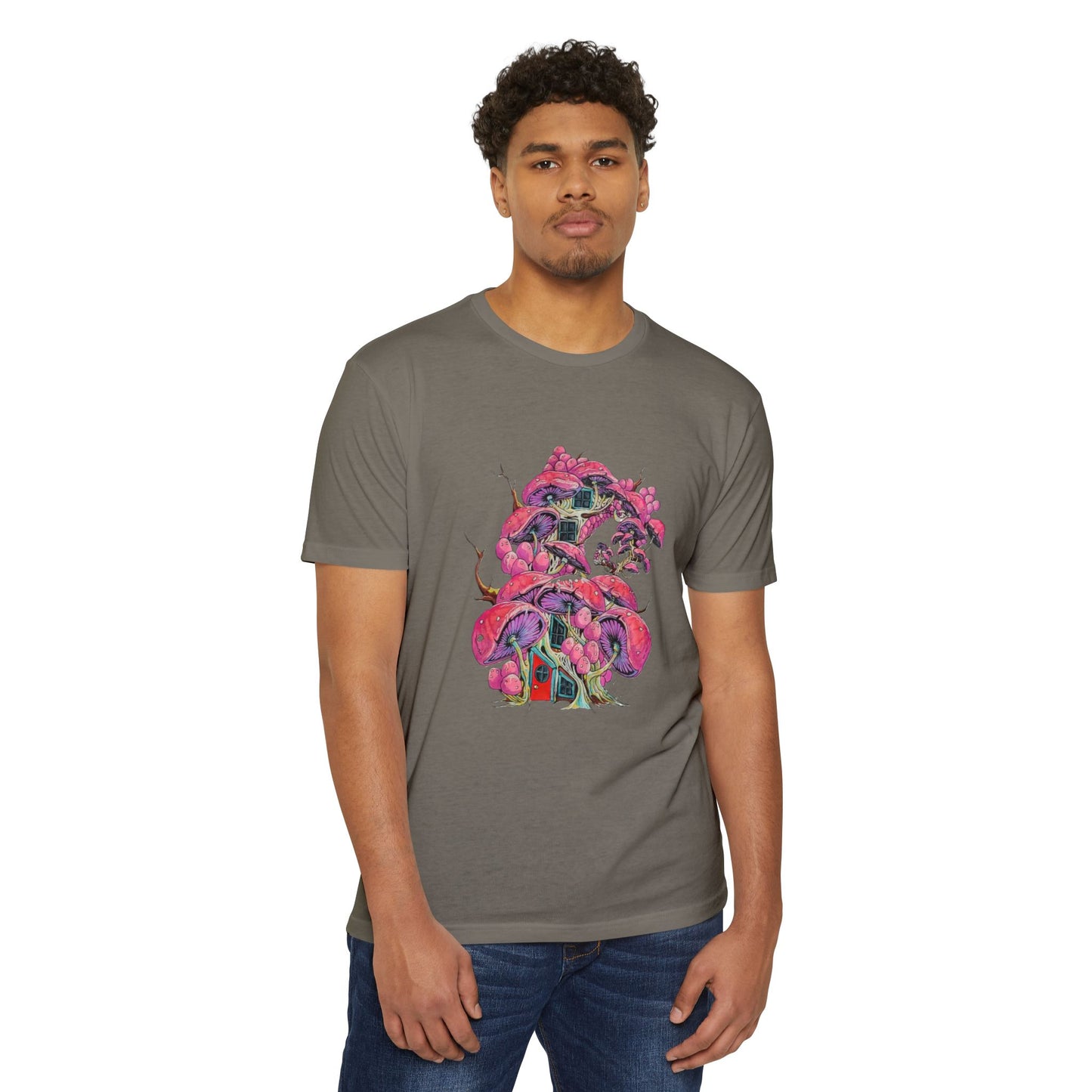 "Pink Mushroom House" artwork by Noto the Artist. Vibrant Artistic T-Shirt, Colorful Tee, Unisex Graphic Shirt, Casual Wear, Gift for Art Lovers, Stylish Everyday Top
