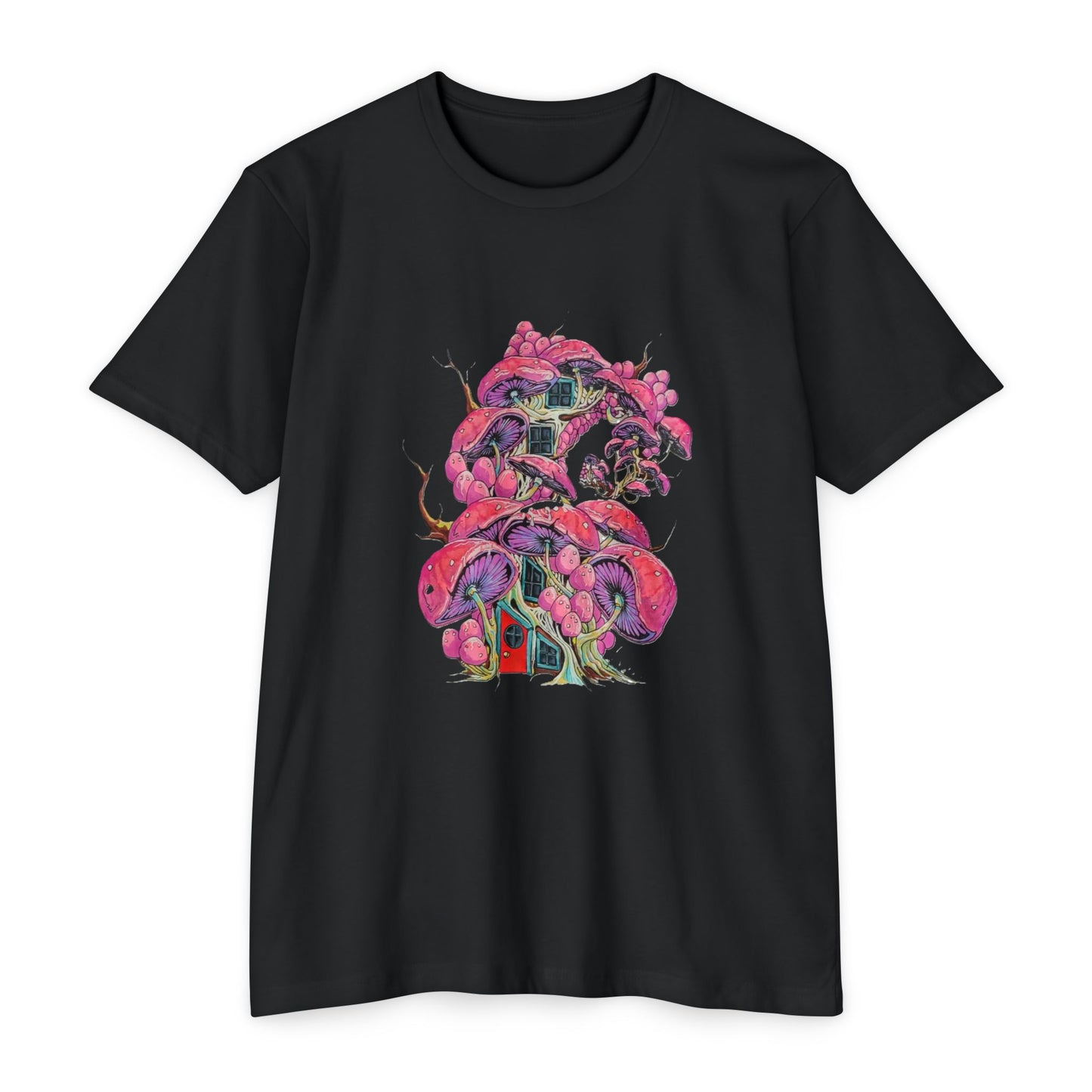 "Pink Mushroom House" artwork by Noto the Artist. Vibrant Artistic T-Shirt, Colorful Tee, Unisex Graphic Shirt, Casual Wear, Gift for Art Lovers, Stylish Everyday Top