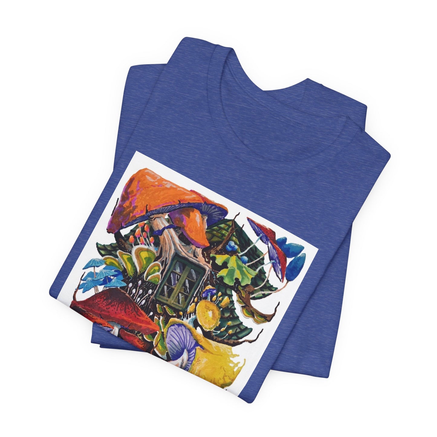 "Mushroom House with the Blue Green Door" tshirt by Noto the Artist. Surreal Cottage Collage T‑Shirt