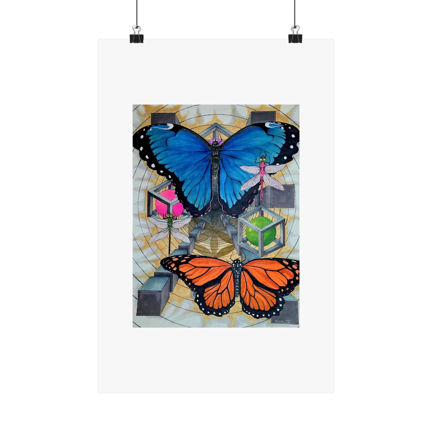 "Echoes of a Butterfly's wings" Butterfly Art Poster — Blue & Orange Monarch Matte Vertical Print