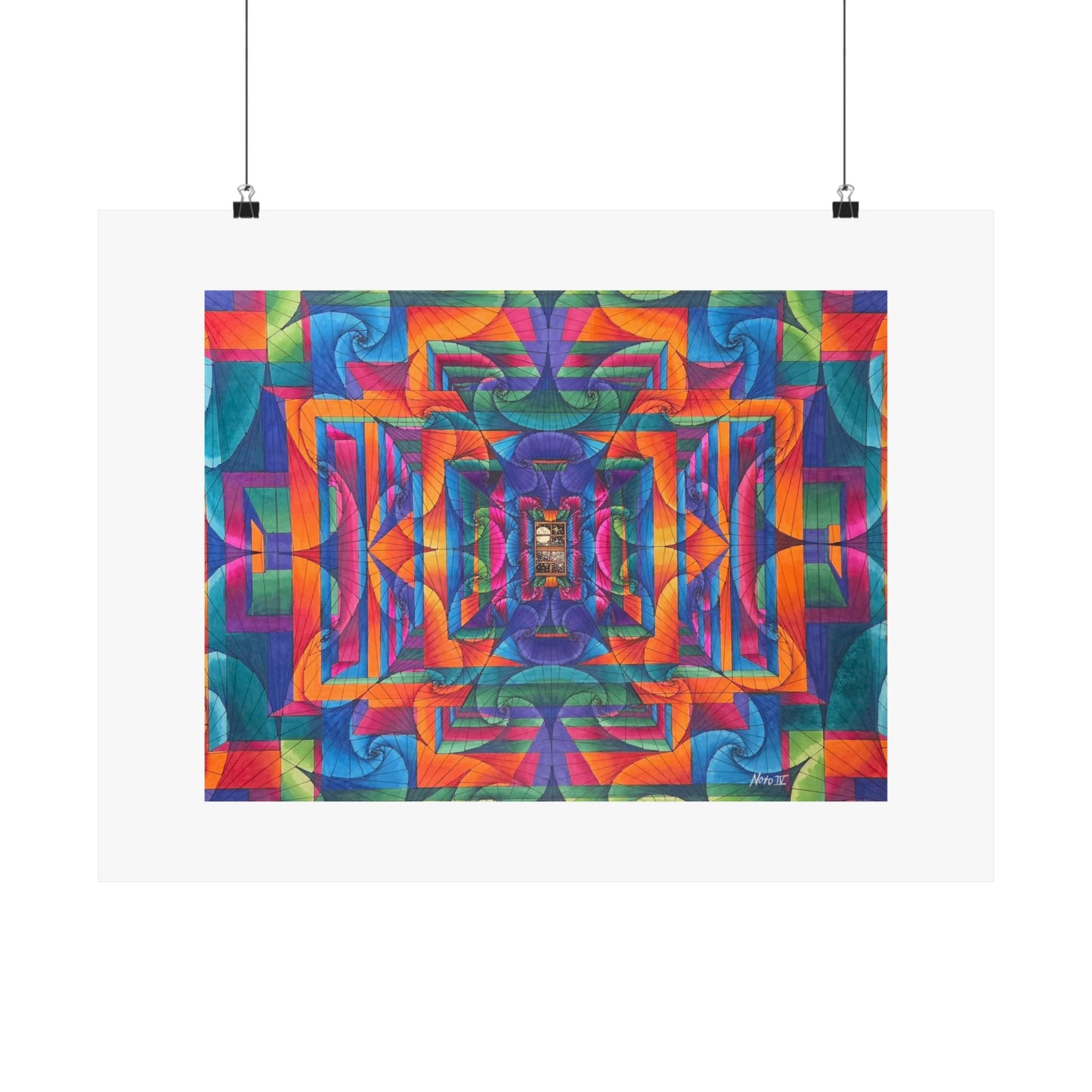 "I can see the Moon through my window" hand illustrated artwork print. Abstract Geometric Kaleidoscope Poster — Vibrant Symmetry Matte Horizontal Print