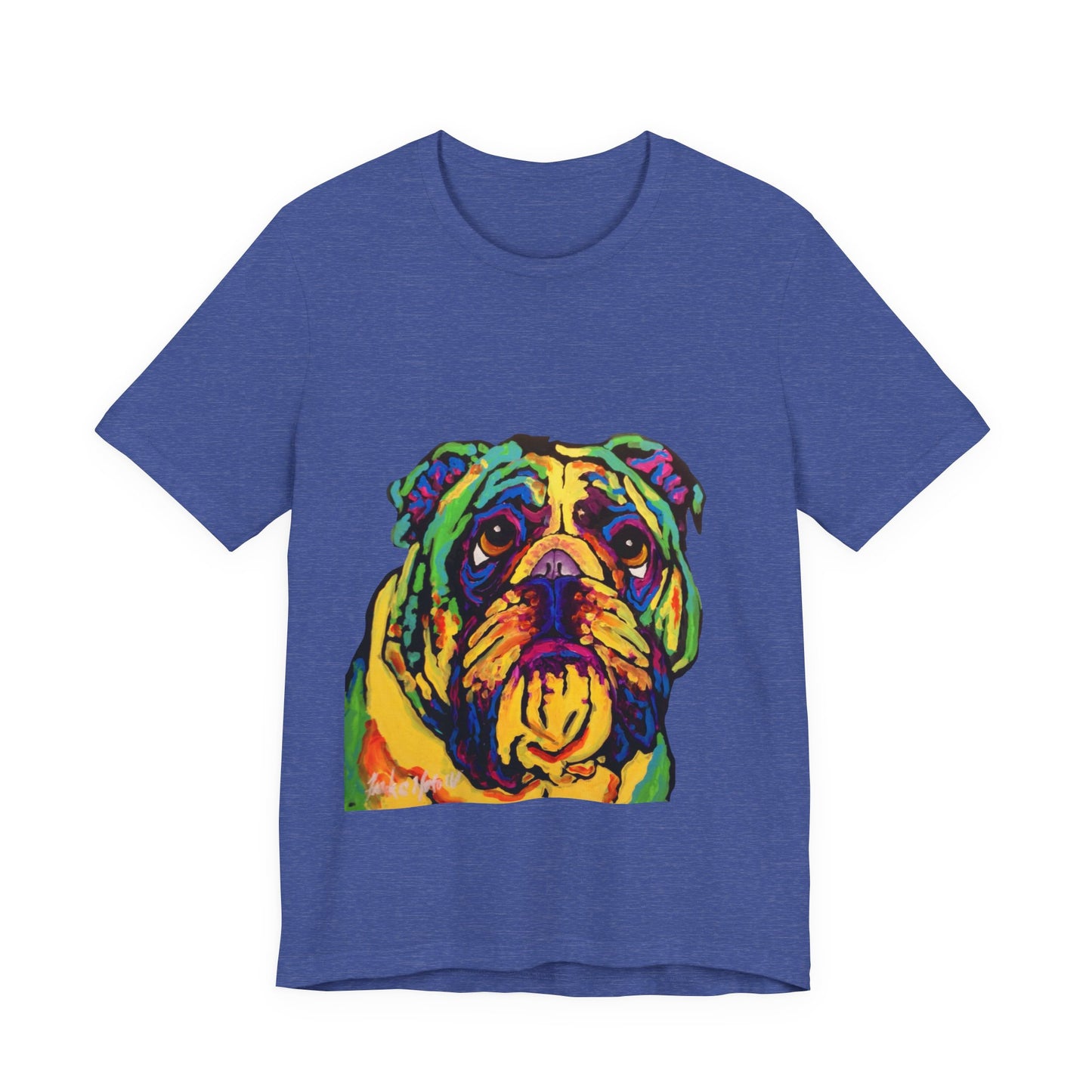"Bulldog" T-shirt featuring a painting of a bulldog by Noto the Artist. Colorful Bulldog Art Unisex Tee, Pet Lover Gift, Dog Shirt, Casual Wear, Animal Lover Tee, Fun Graphic T-Shirt