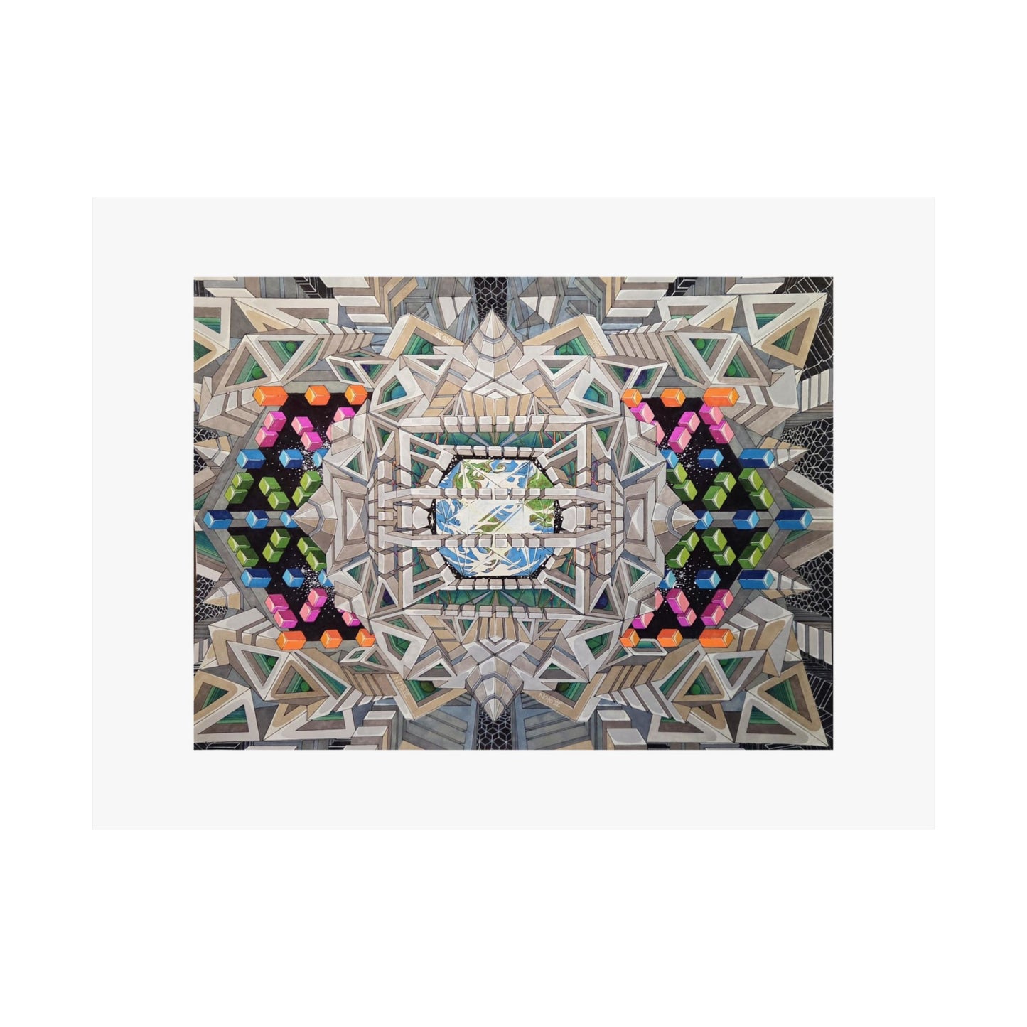 "View of Earth From Inside The Planetary Creation Machine" Geometric Kaleidoscope Matte Poster — Symmetric Urban Abstract Wall Art