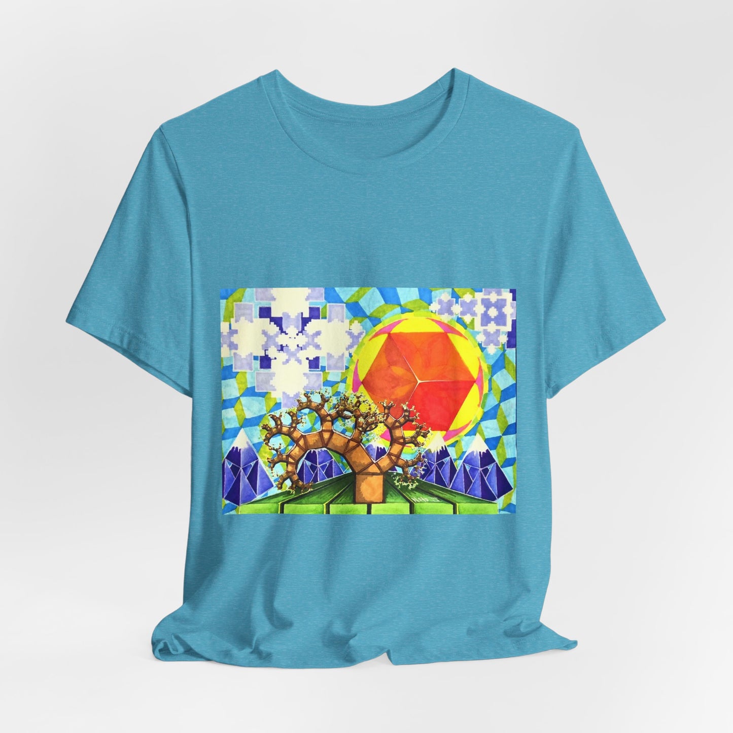 "Spring in the Valley of Sacred Geometry" Tshirt with artwork by Noto the Artist. Geometric Sun & Tree T-Shirt — Colorful Abstract Nature Tee