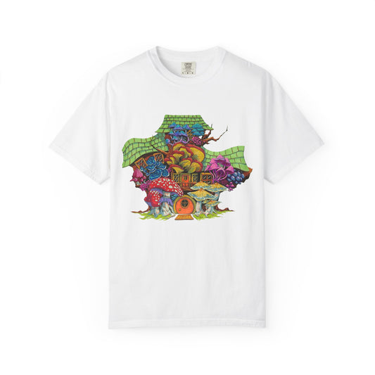 "Rainbow Mushroom House" T-shirt with artwork by Frank Noto