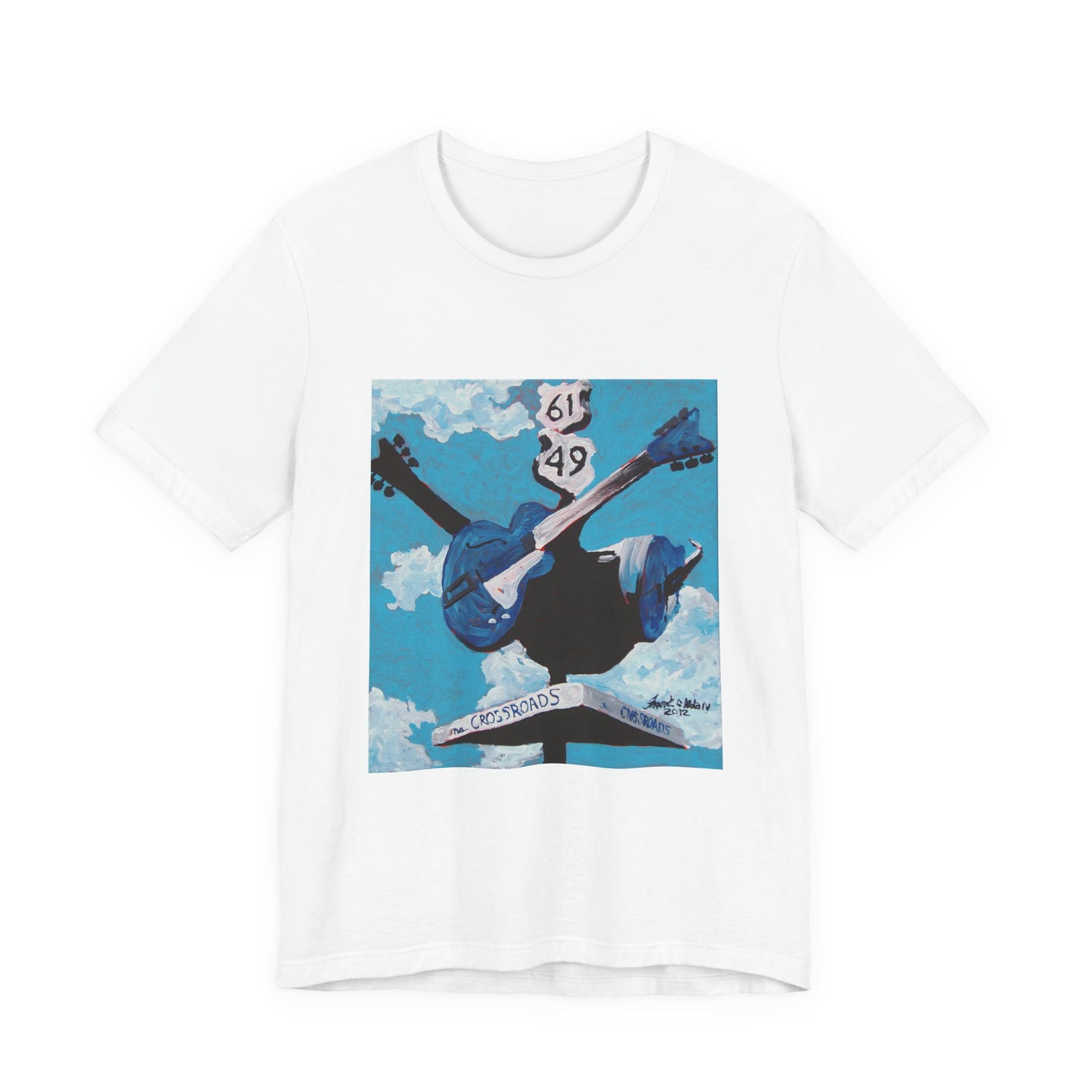 "Crossroads" tshirt featuring a painting by Noto the Artist. Sky Blue Guitar Graphic Tee, Music Lover Gift, Artsy Casual Wear, Concert T-shirt, Festival Outfit