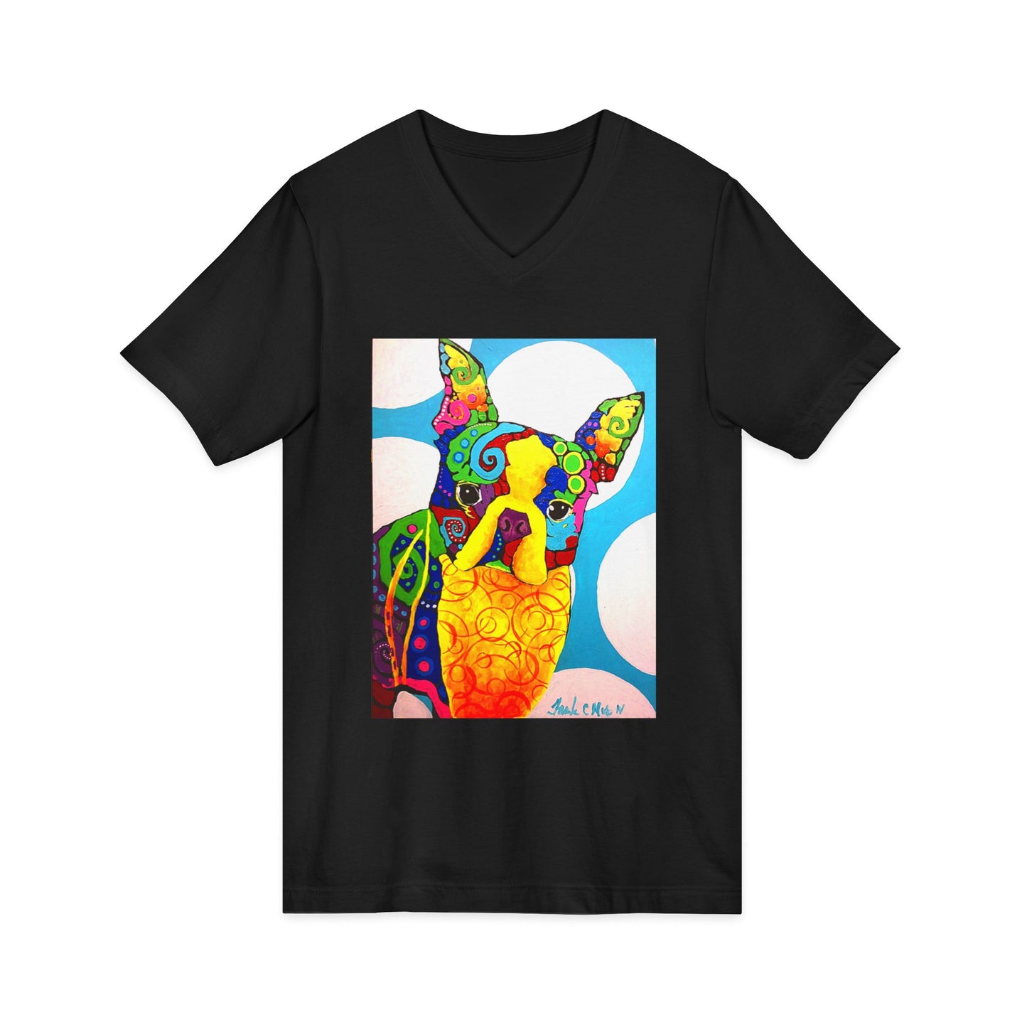 "Boston Terrier" vneck tshirt with a painting by Frank NotoColorful Dog Art V-Neck Tee