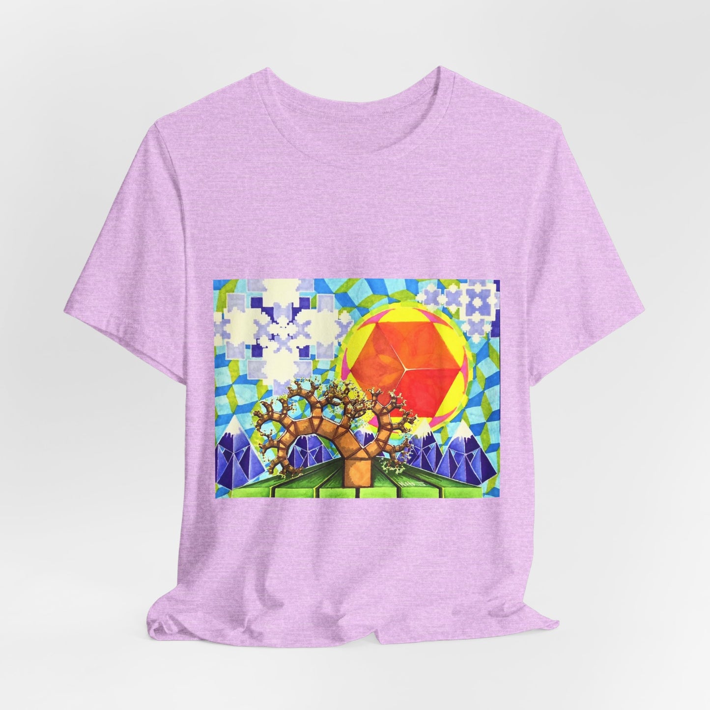 "Spring in the Valley of Sacred Geometry" Tshirt with artwork by Noto the Artist. Geometric Sun & Tree T-Shirt — Colorful Abstract Nature Tee