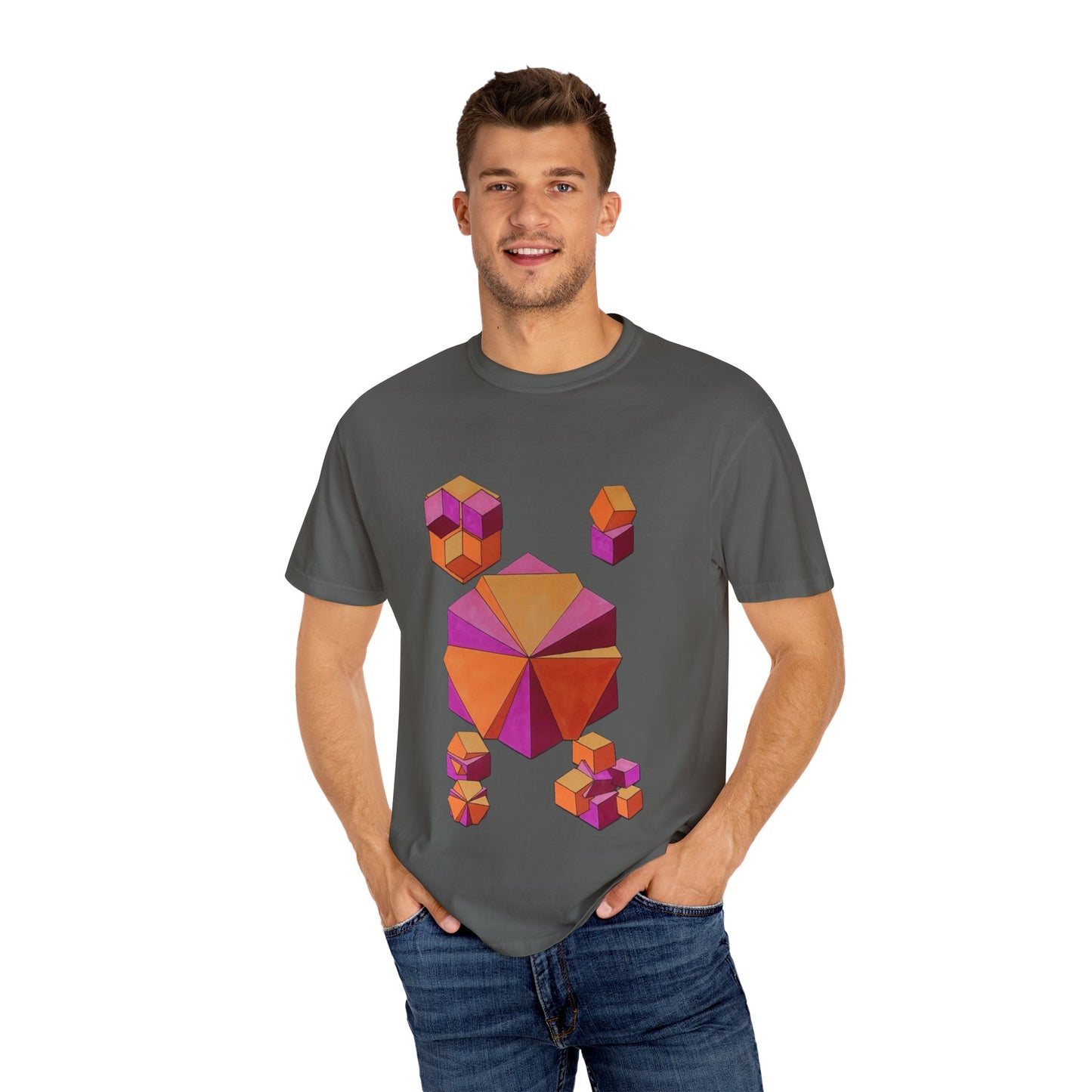"Merging Cubes" tshirt.  Artwork by Noto the Artist. Colorful Geometric T-Shirt, Unisex Casual Wear, Graphic Tee, Fashion for Art Lovers, Unique Gift for Designers
