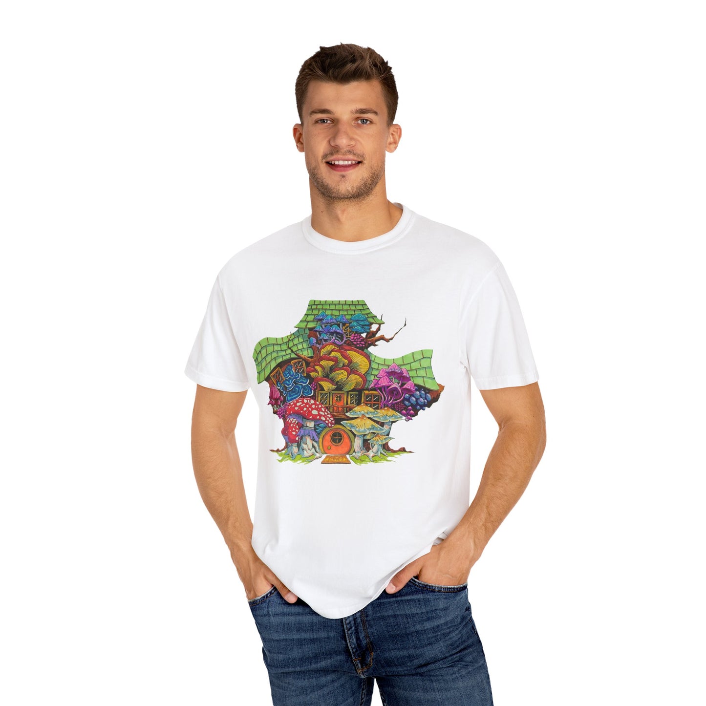 "Rainbow Mushroom House" T-shirt with artwork by Frank Noto