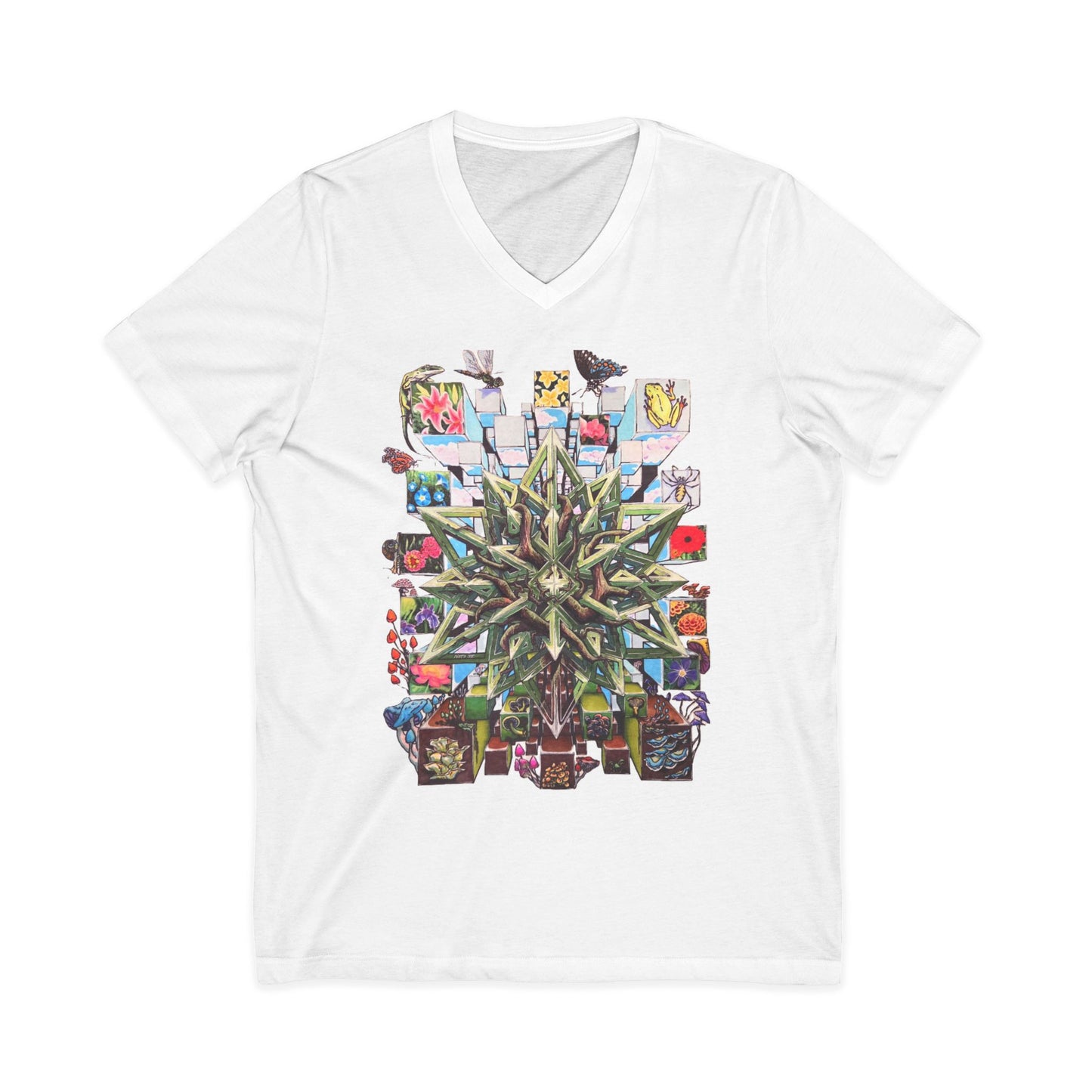 "Particle of an Explosion of Nature" Botanical Mosaic V-Neck Tee — Geometric Succulent Art T-Shirt