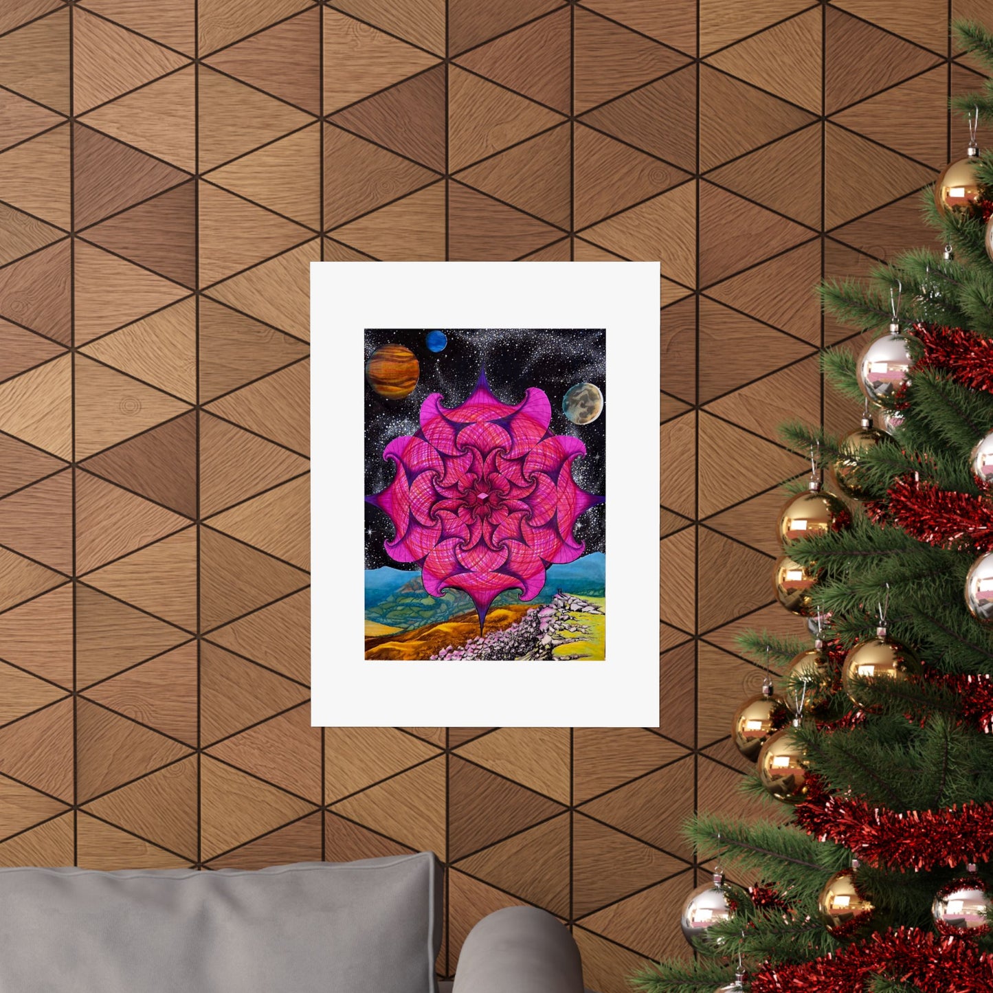 "Yes, I See It...What The Hell Is That...". artwork hand illustrated by Frank Noto.  Psychedelic Mandala Poster — Pink Cosmic Floral Matte Vertical Art Print