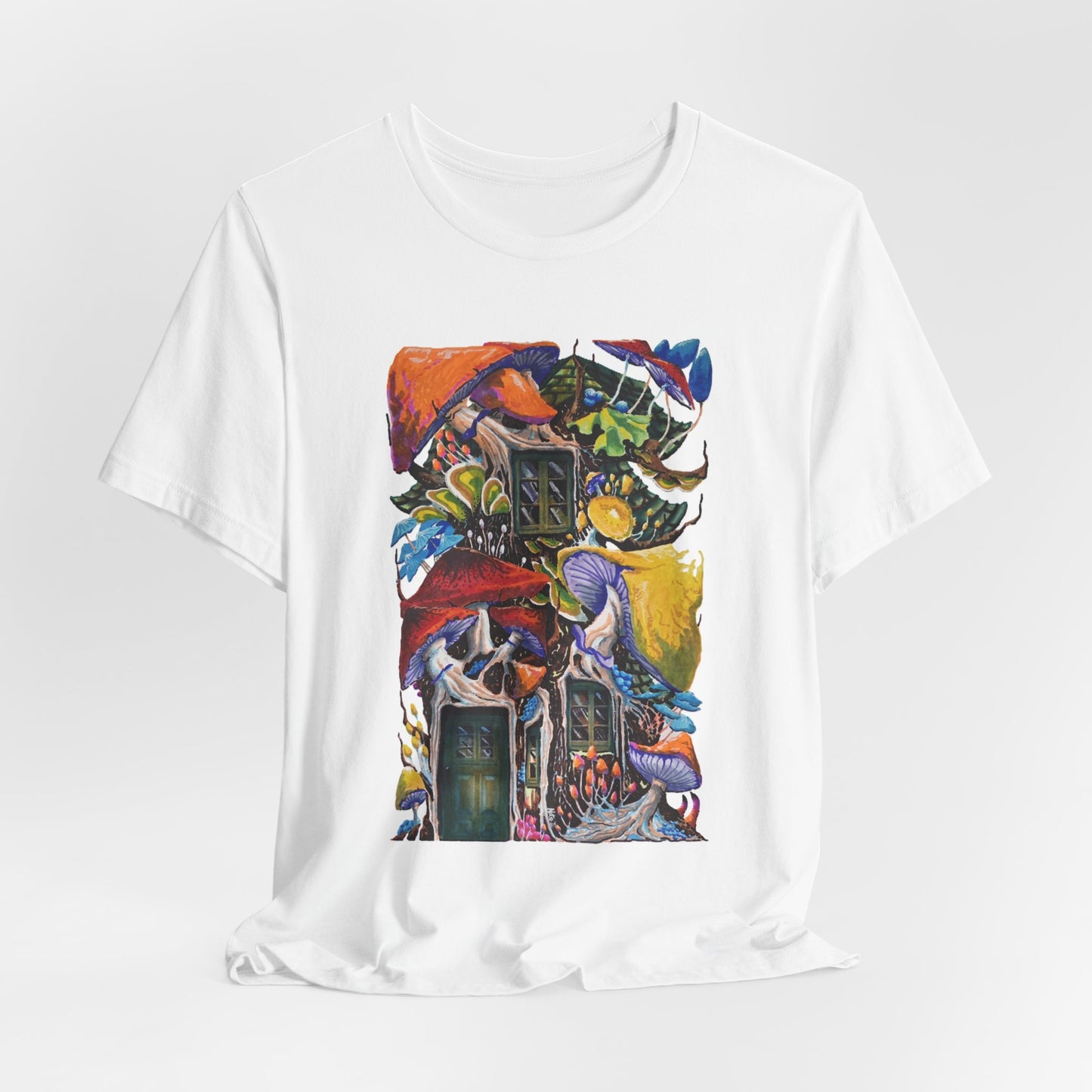 "Mushroom House with the Blue Green Door" tshirt by Noto the Artist. Surreal Cottage Collage T‑Shirt
