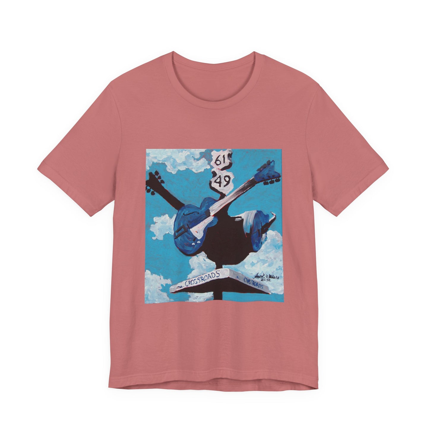 "Crossroads" tshirt featuring a painting by Noto the Artist. Sky Blue Guitar Graphic Tee, Music Lover Gift, Artsy Casual Wear, Concert T-shirt, Festival Outfit
