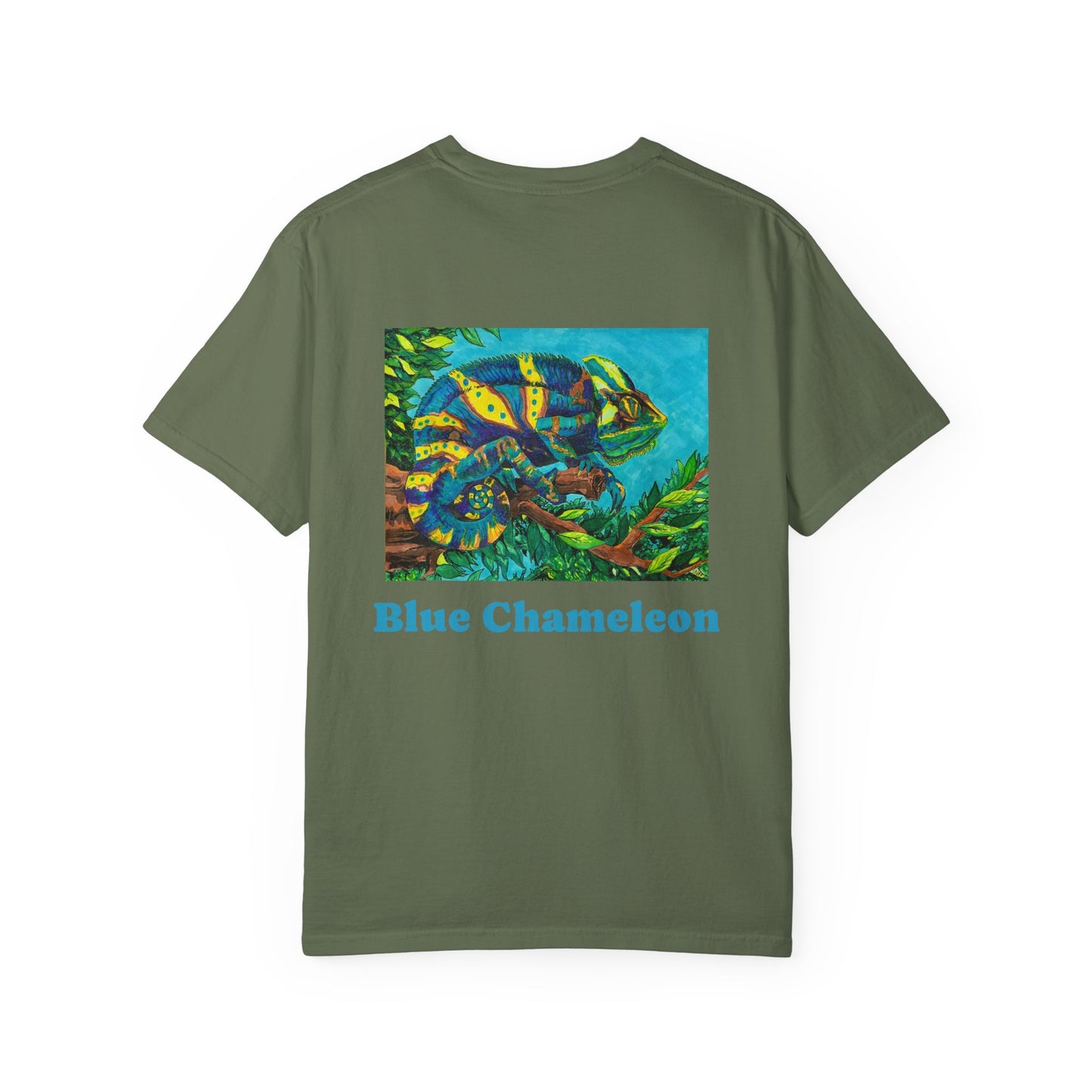 Garment-Dyed T-Shirt with Artwork by Noto the Artist "Blue Chameleon".  From 0riginal hand drawn work by mississppi artist Frank Noto