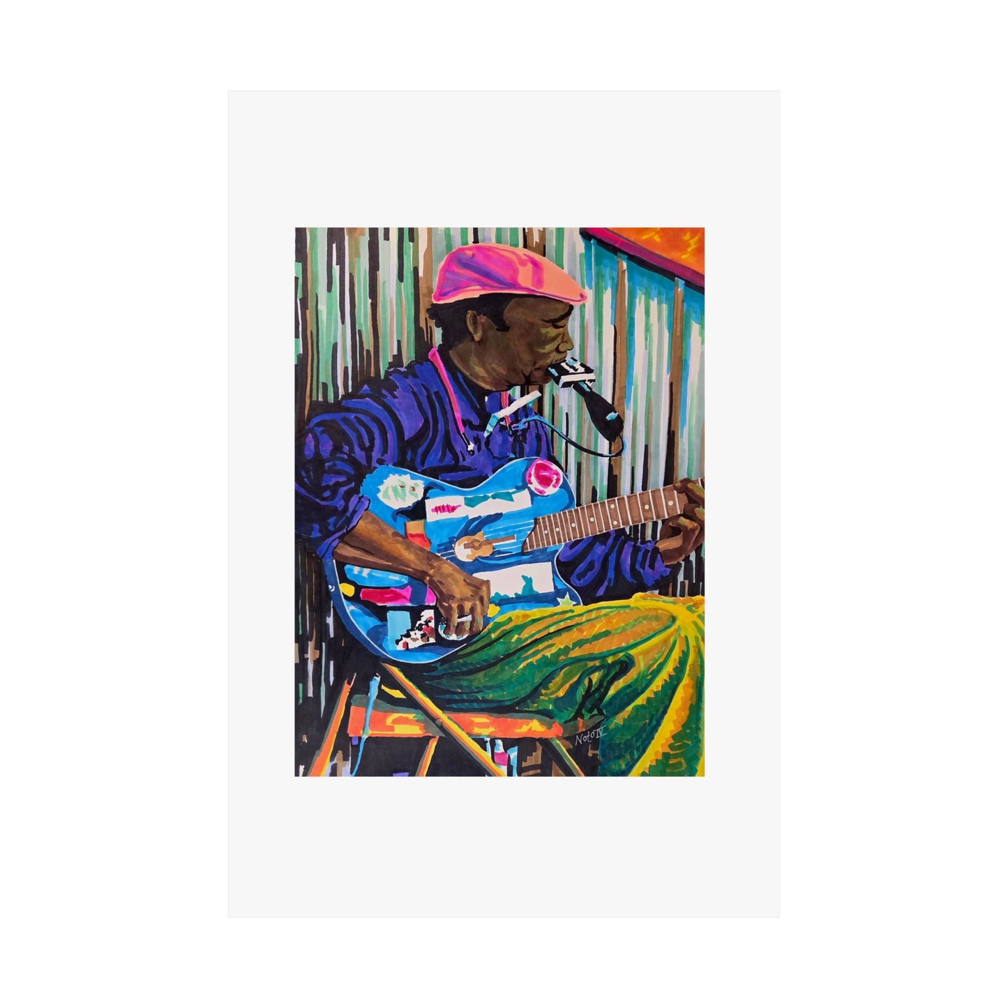 "Terry Harmonica Bean" print by Frank Noto. Blues Guitarist Matte Poster — Colorful Musician Wall Art