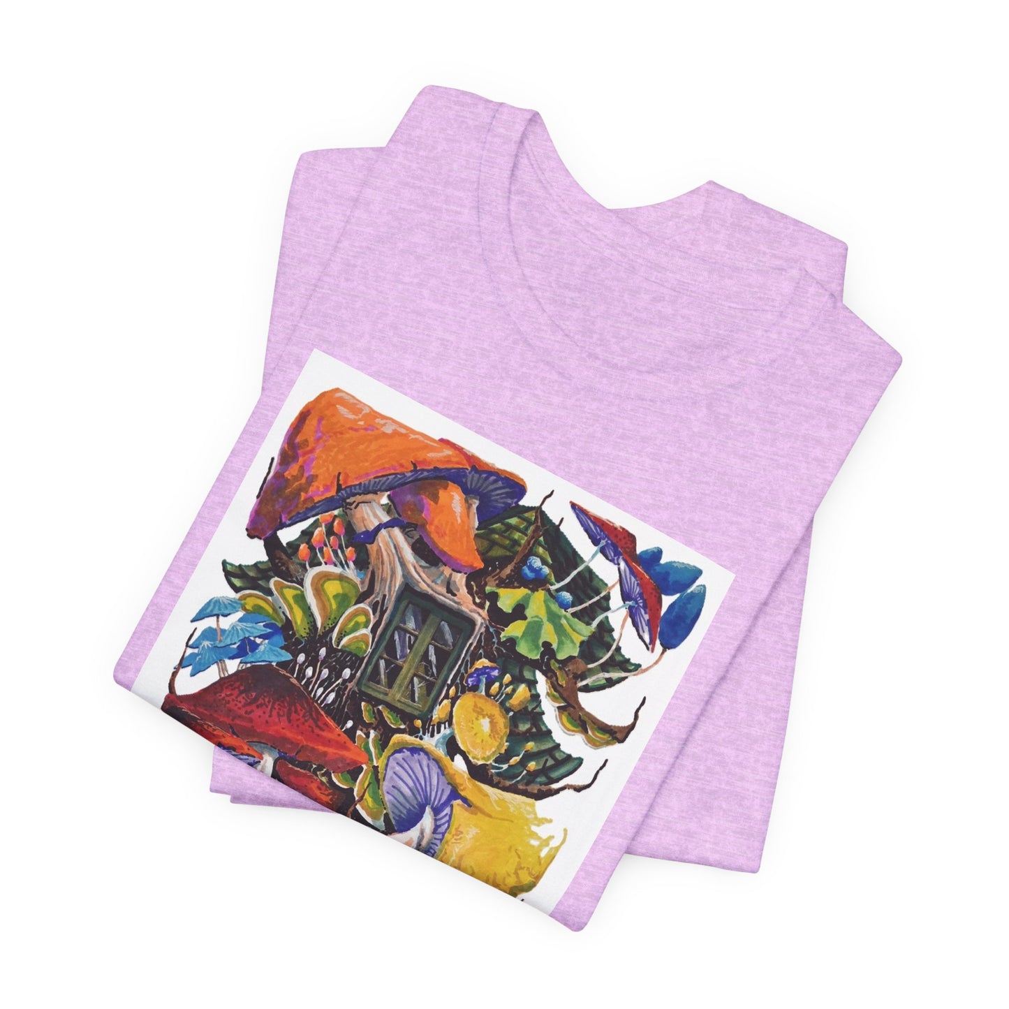 "Mushroom House with the Blue Green Door" tshirt by Noto the Artist. Surreal Cottage Collage T‑Shirt