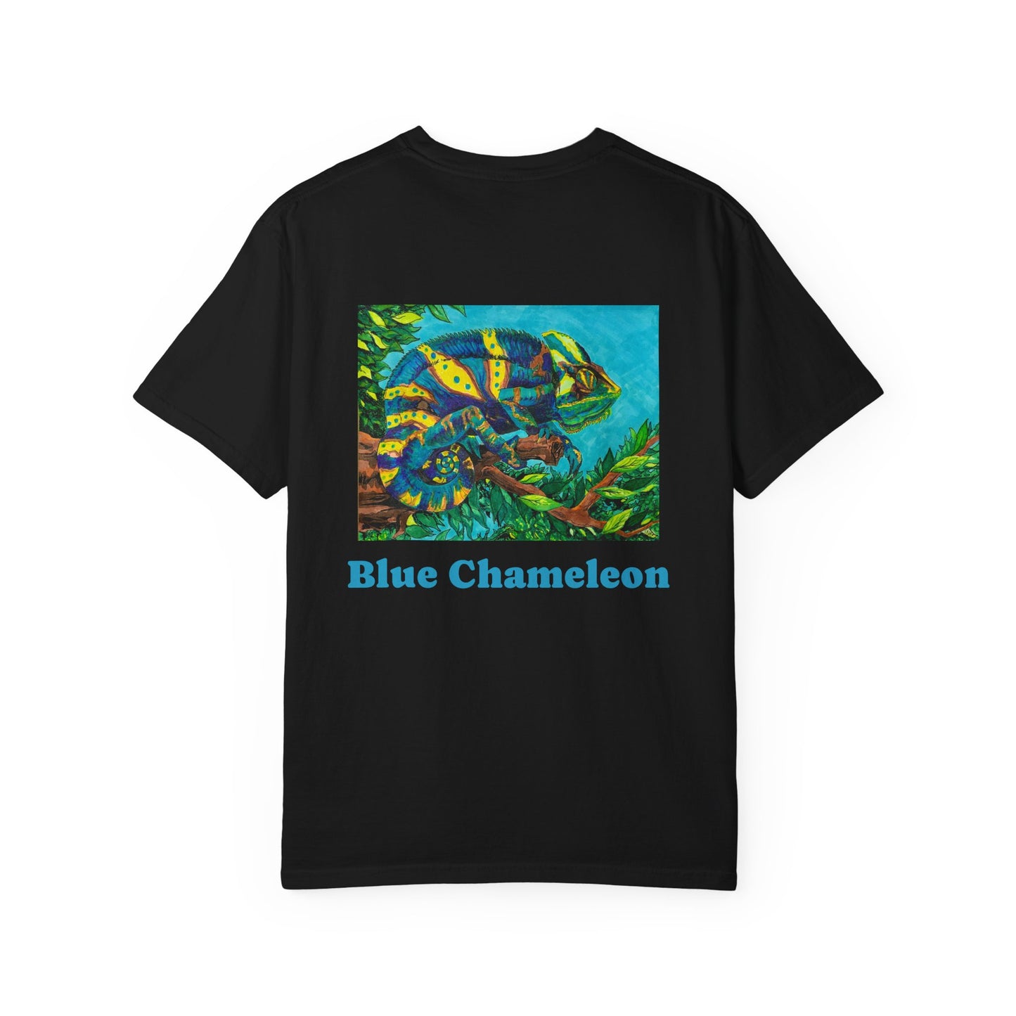 Garment-Dyed T-Shirt with Artwork by Noto the Artist "Blue Chameleon".  From 0riginal hand drawn work by mississppi artist Frank Noto