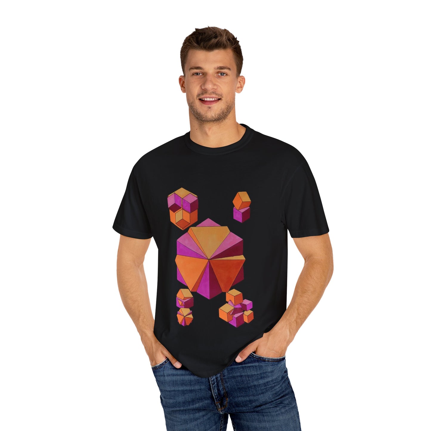 "Merging Cubes" tshirt.  Artwork by Noto the Artist. Colorful Geometric T-Shirt, Unisex Casual Wear, Graphic Tee, Fashion for Art Lovers, Unique Gift for Designers