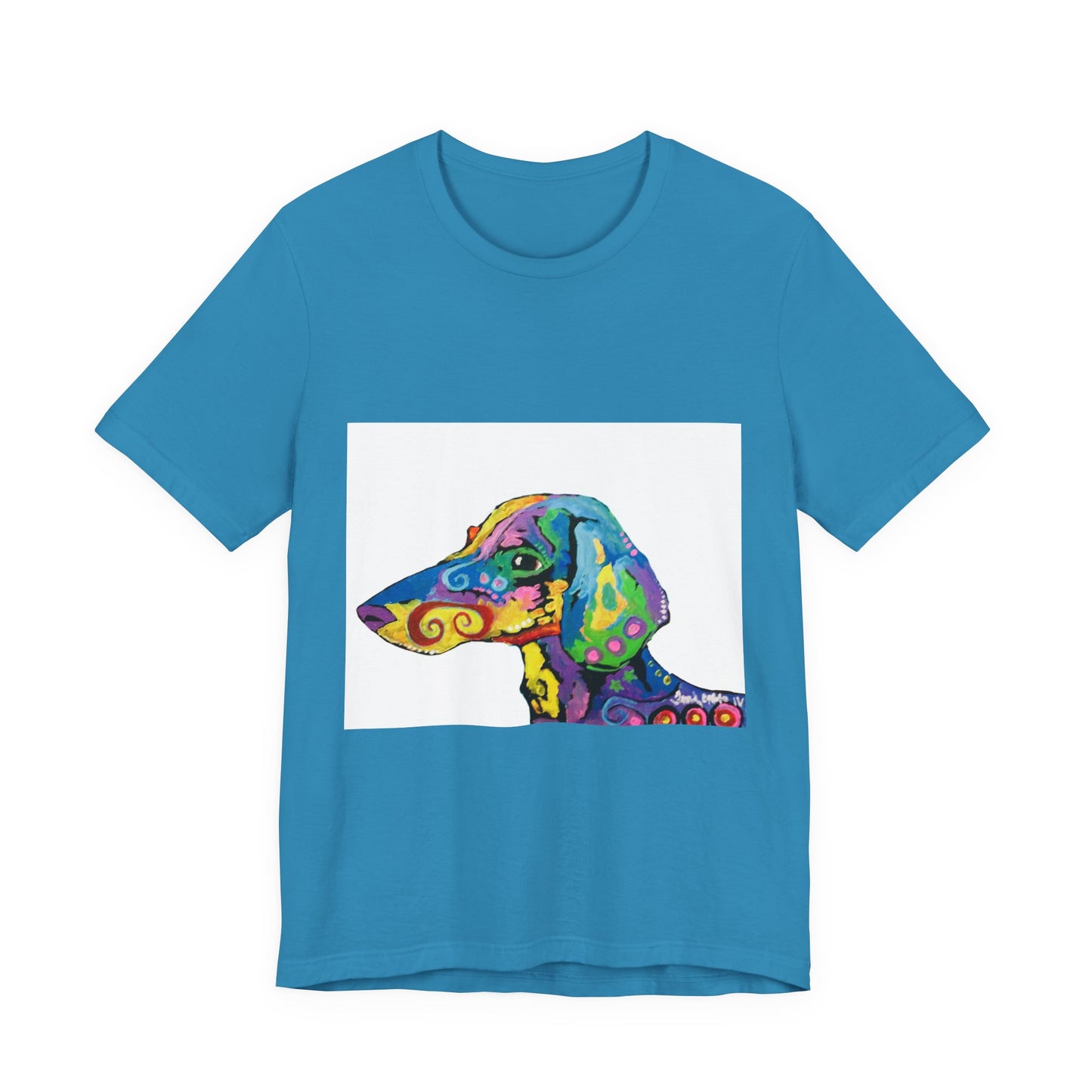 "Rainbow Dachsund" featuring artwork by Noto the Artist. Colorful Dog Art Tee, Unisex T-Shirt, Pet Lover Gift, Artistic Dog Shirt, Fun Graphic Tee, Casual Wear, Dog Mom Apparel