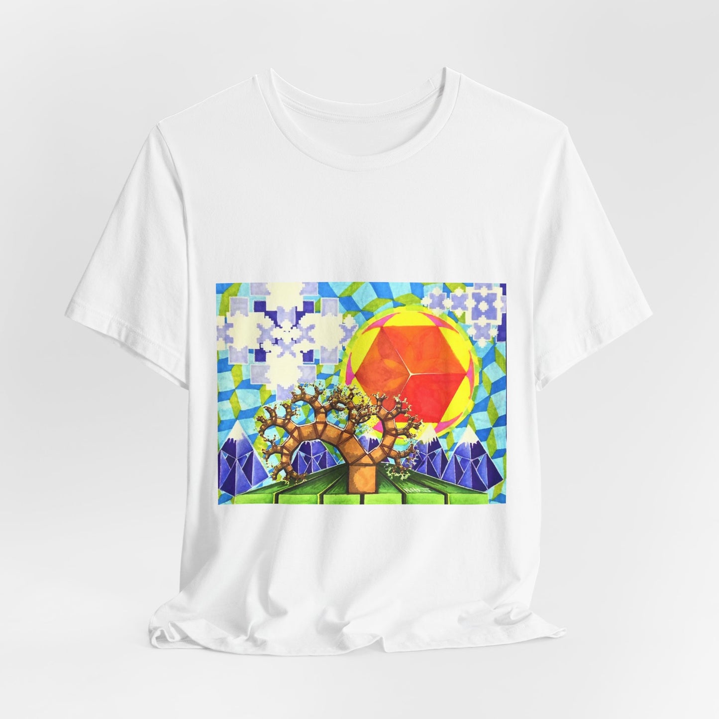 "Spring in the Valley of Sacred Geometry" Tshirt with artwork by Noto the Artist. Geometric Sun & Tree T-Shirt — Colorful Abstract Nature Tee
