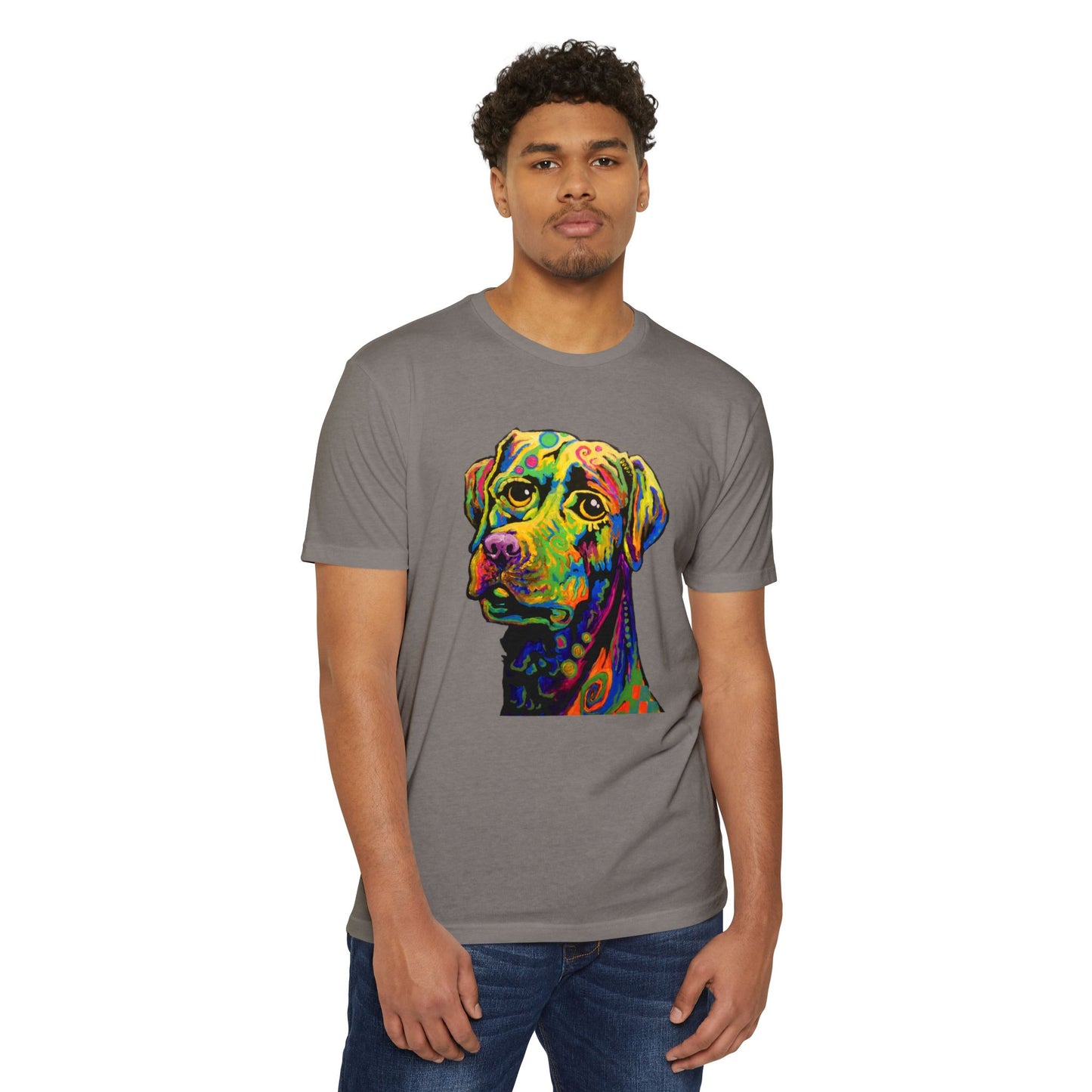 Rainbow Lab Tshirt by Noto the Artist. Colorful Dog T-Shirt, Fun Graphic Tee, Pet Lover Gift, Unisex CVC Jersey Shirt, Casual Wear, Birthday Present, Dog Art Apparel