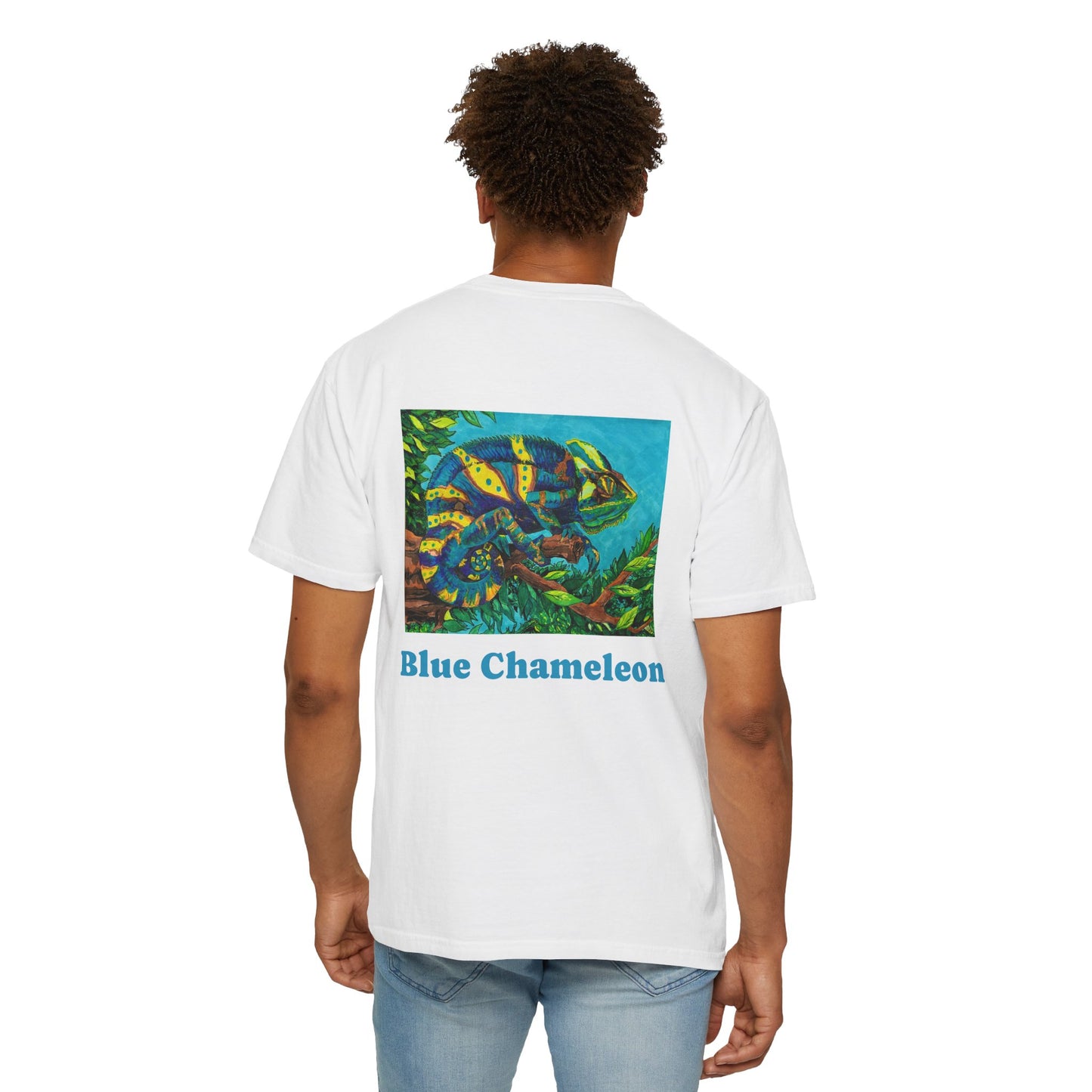 Garment-Dyed T-Shirt with Artwork by Noto the Artist "Blue Chameleon".  From 0riginal hand drawn work by mississppi artist Frank Noto