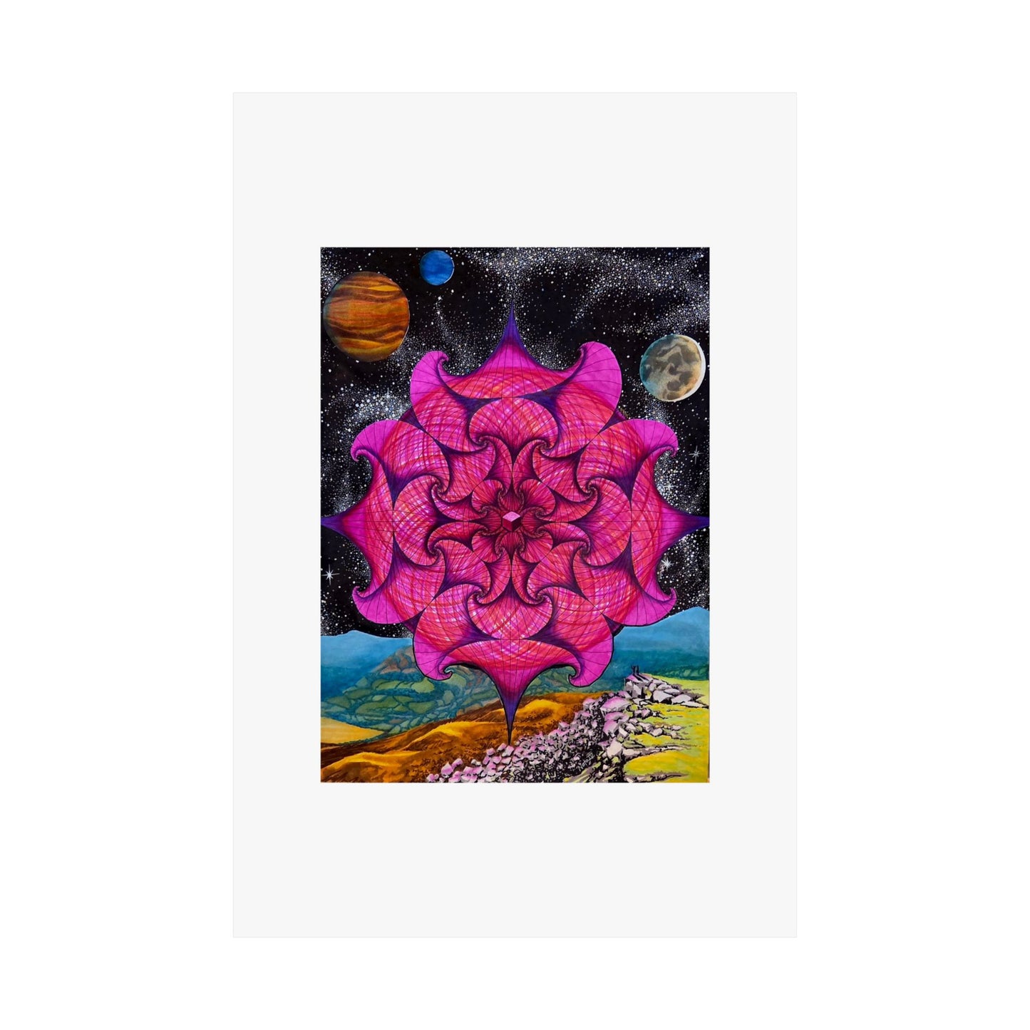 "Yes, I See It...What The Hell Is That...". artwork hand illustrated by Frank Noto.  Psychedelic Mandala Poster — Pink Cosmic Floral Matte Vertical Art Print