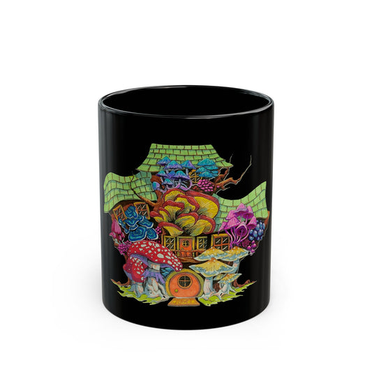 "Rainbow Mushroom House" Mug by Noto the Artist ....  Colorful Fantasy Mushroom Black Mug - Unique Gift for Nature Lovers, Tea & Coffee Enthusiasts, Home Decor, Kitchen Essentials, Botanical Art